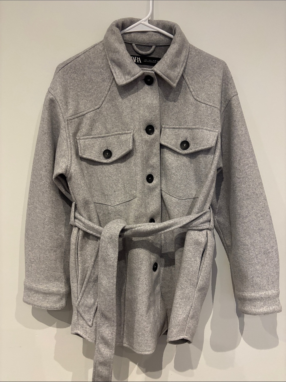 Zara Light Gray Belted Wool-Blend Trench Shacket